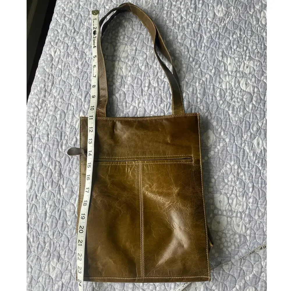 Crab Compass Vintage Barganza Lined Leather Tote Bag Pockets Brown 13